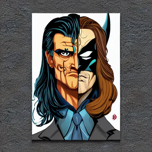 Image similar to two face with long hair, batman villian. Artwork by Dan Mumford