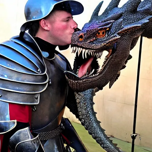 Image similar to a masculine male knight kissing a dragon.