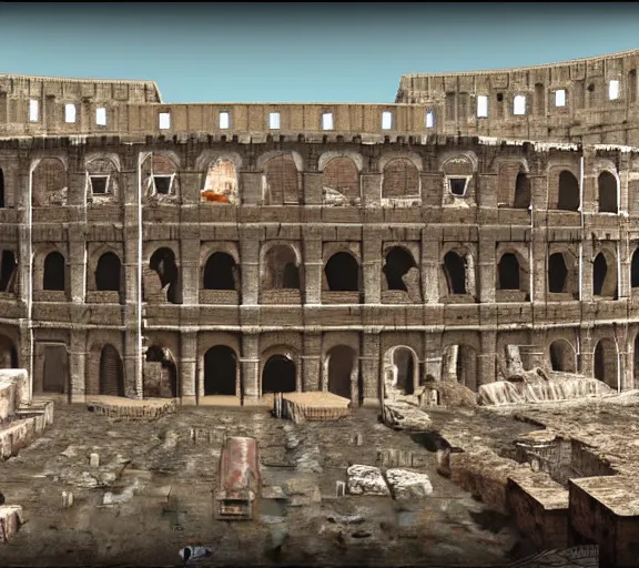 Prompt: Render of a reconstruction of Colosseum in Rome, screenshot from Fallout: New Vegas (2010)