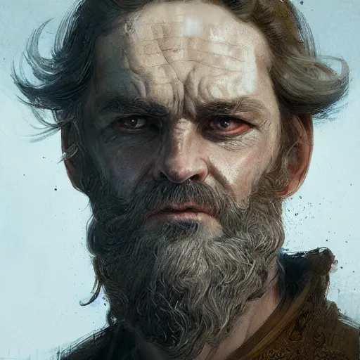 Prompt: Portrait of a middle aged man with mutton chops, medieval, detailed face, fantasy, highly detailed, cinematic lighting, digital art painting by greg rutkowski