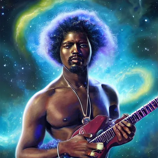 Image similar to beautiful oil painting with high detail of a black man with long curly hair made of stars and nebulas, holding a futuristic electric guitar and art direction by James Cameron; by artgerm; wayne reynolds art station; cinematic quality character render; low angle; ultra high quality model; production quality cinema model; Fleshless
