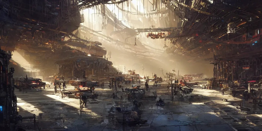 Prompt: screenshot of a vibrant marketplace in a massive cavernous iron city, dappled light, colossal arcing metal structures high in the cavernous metal interior, sci - fi, beautiful, awe inspiring, fps, by james gurney, greg rutkowski, sparth, thomas kinkaide, cinematography, cinematic masterpiece