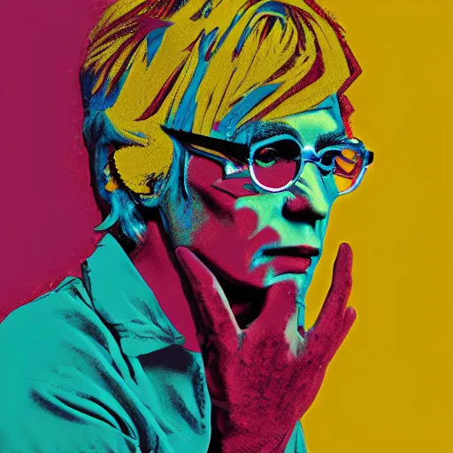 Image similar to An extremely psychedelic portrait of Andy Warhol wearing a crown, surreal, LSD, face, detailed, intricate, elegant, lithe, highly detailed, digital painting, artstation, concept art, smooth, sharp focus, illustration