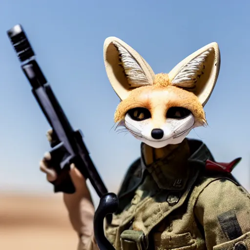 Image similar to close up of a fennec fox dressed in a modern american military soldier uniform, in apocalyptic wasteland, 8 5 mm f / 1. 4