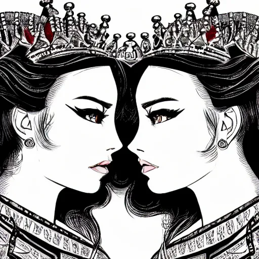 Prompt: a scene of two beautiful queens facing each other in front of a throne, symmetrical faces, detailed anime art