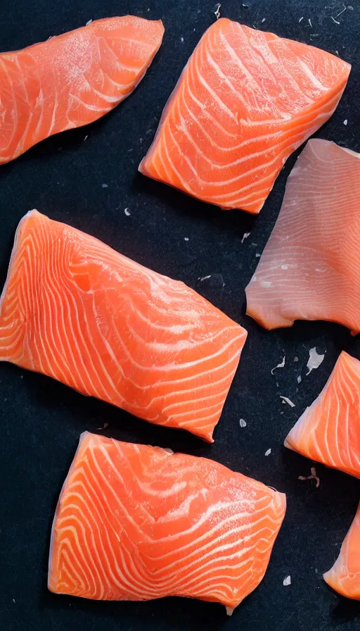 Image similar to lovely afternoon dappled sunlight photograph: top down view of two hands preparing salmon glowing with projection-mapped glowing ruler lines notating the meat volume like a graduated cylinder, slicing a cut of salmon, laser projector shining a bright line of a glowing hologram notation of where to cut