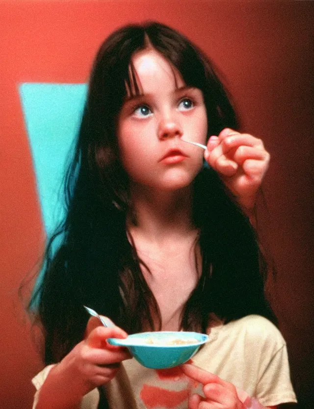 Image similar to young courtney cox eating cereal in an oversized shirt, redshift, colour shift, wide shot, coloured polaroid photograph, pastel, kodak film, hyper real, stunning moody cinematography, by maripol, fallen angels by wong kar - wai, style of suspiria and neon demon, david hockney, detailed, oil on canvas