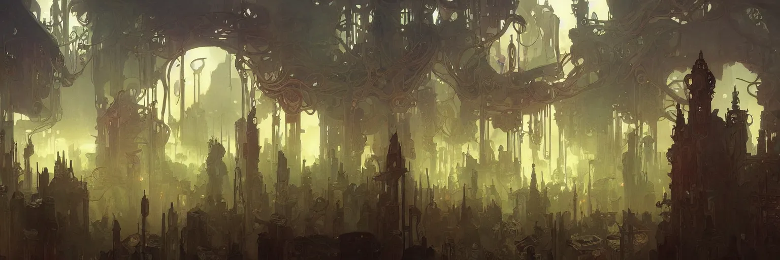 Image similar to a beautiful painting of a dystopian steampunk landscape by alfons maria mucha and julie dillon and makoto shinkai