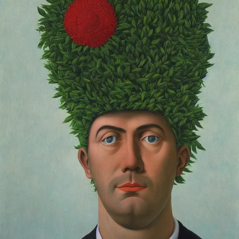 Image similar to portrait of a flower - head man by rene magritte, detailed painting, distance, centered, hd, hq, high resolution, high detail, 4 k, 8 k