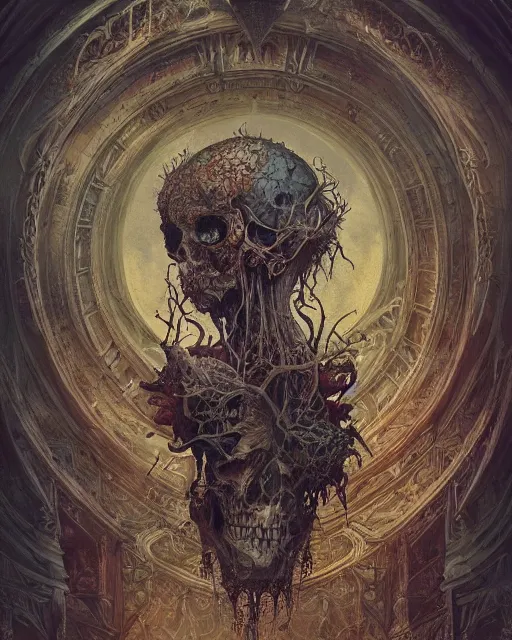 Image similar to a beautiful detailed front view of a dead rotten skull with ornate growing around, ornamentation, baroque architecture, elegant, beautifully soft lit, by wayne barlowe, peter mohrbacher, kelly mckernan