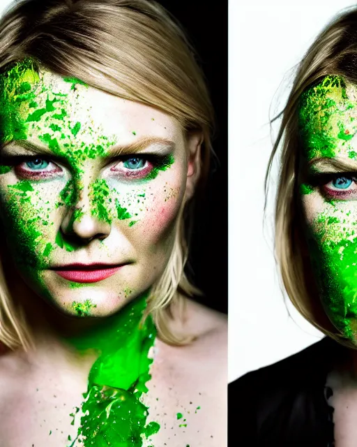 Image similar to photorealistic portrait headshot photos of kirsten dunst with bright green paint splattered across her face. photoshoot peter hurley, nyc headshot photographer, photorealistic