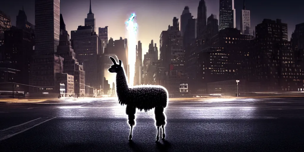 Image similar to a llama walking through a desolate manhattan city street at night, statue of liberty seen in the background, realistic 4 k octane beautifully detailed render, 4 k post - processing, highly detailed, detailed face, intricate complexity, epic composition, magical atmosphere, cinematic lighting, masterpiece, color picture, ultra hd