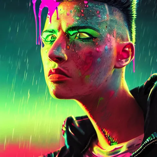 Image similar to splashes of neon clouds, mowhawk, punk women portrait made out of paint with rain in the background, trending on artstation, epic composition, emotional, beautiful, rendered in octane, highly detailed, realistic, comic book art, sharp focus, matte painting, unreal engine