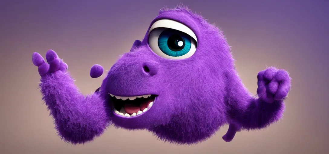 Image similar to a purple monster which is adorable, pixar, 4k, 100mm, full monster in frame