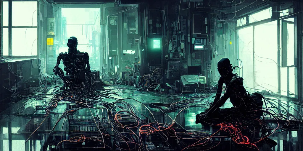 Image similar to a cyborg sitting on the floor, inside an old apartment, cybernetic parts and wires and cables scattered across the floor, dystopian aesthetics, cyberpunk, detailed oil painting, misty, cinematic, dramatic lighting, ominous, by ilya kuvshinov and ruan jia and jeremy mann