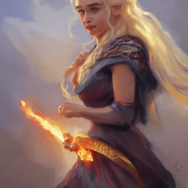 Prompt: Daenerys Targaryen as a firebender, portrait, elegant, intricate, digital painting, artstation, concept art, smooth, sharp focus, illustration, art by konstantin korovin and Daniel F. Gerhartz and john howe