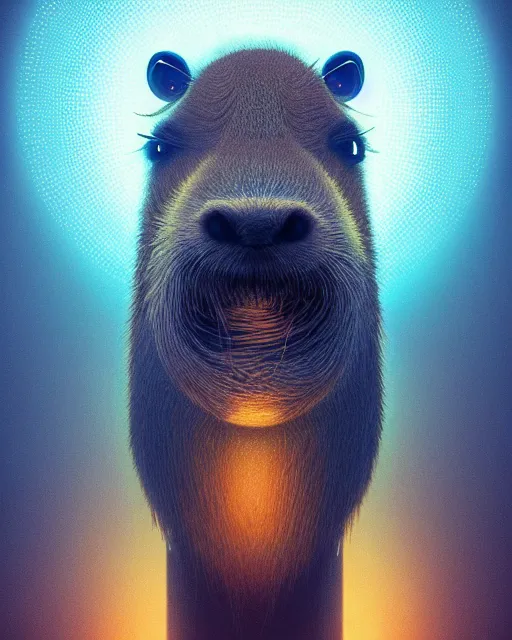 Prompt: portrait of funny giant cute eyes capybara, intricate abstract. intricate artwork, by tooth wu, wlop, beeple, dan mumford. concept art, psychedelic lighting, octane render, trending on artstation, greg rutkowski very coherent symmetrical artwork. cinematic, key art, hyper realism, high detail, octane render, 8 k, iridescent accents