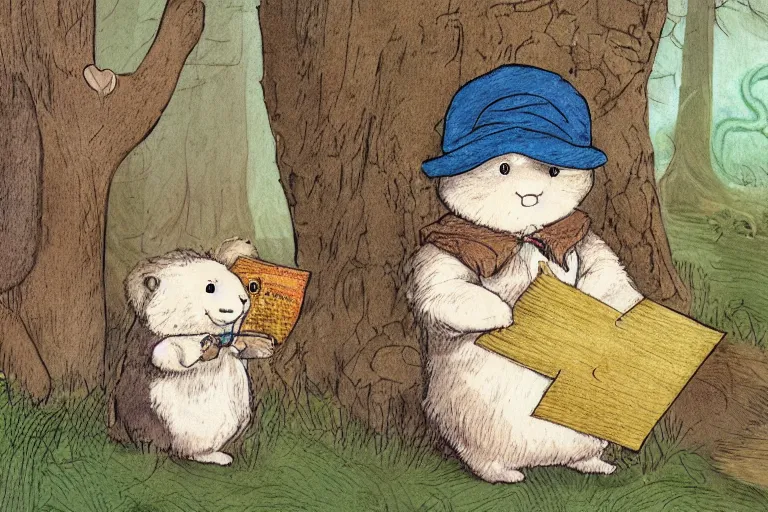 Image similar to a detailed children's book illustration by beatrix potter of a cute female bear child holding an envelope with a look of surprise surrounded by woodland animals. digital art, trending on artstation.