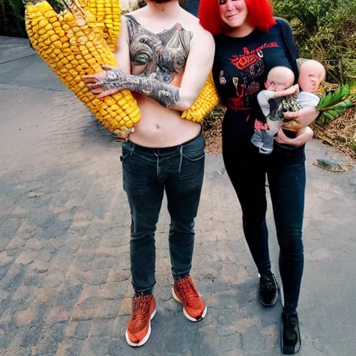 Image similar to photo of a slender attractive couple. The woman has long straight red orange hair. The man has a dark thick neatly groomed beard and tattoos. They are holding a giant corn and a cute baby.