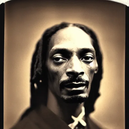 Image similar to a vintage photograph of Snoop Dogg by Julia Margaret Cameron, portrait, 40mm lens, shallow depth of field, split lighting