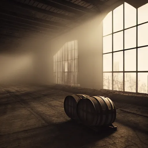 Prompt: realistic interior of a barrel warehouse with foggy atmosphere and moody lighting rendered in Octane, trending in artstation, interesting composition