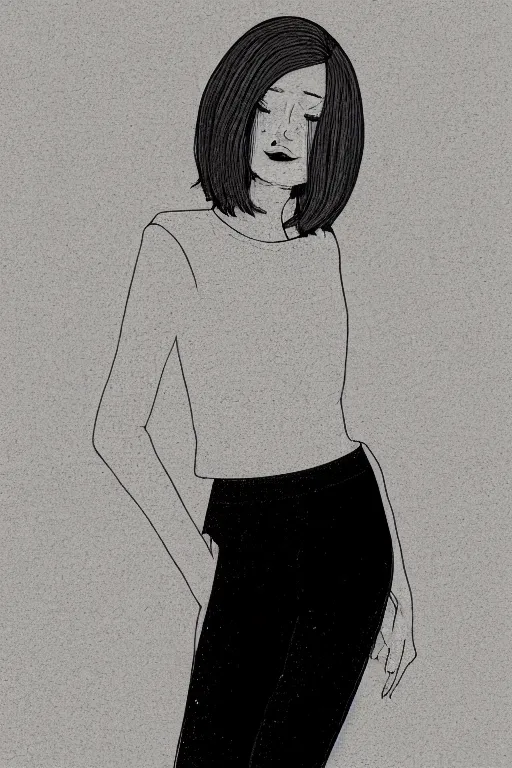 Image similar to portrait of a girl in long pants and a top, hands in pockets, eyes closed, bob haircut, digital art, black and white, lineart