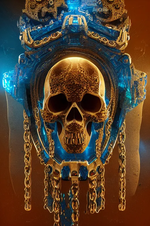 Image similar to conceptart 3 d render skull, the skull is decorated with art deco gears patterns, hyperrealistic, volumetric lighting, ultra detailed, elegant, octane render, blue and gold, 8 k, trending on artstation, unreal engine