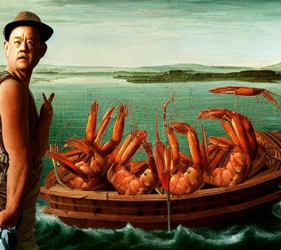 Image similar to Tom hanks as forrest fishing for shrimp in a giant shrimp boat, majestic beautiful world, renaissance painting, amazing detail