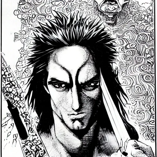 Image similar to pen and ink!!!! attractive 22 year old Gantz monochrome!!!! Frank Zappa x Daniel Radcliff highly detailed manga Vagabond!!!! telepathic floating magic swordsman!!!! glides through a beautiful!!!!!!! battlefield magic the gathering dramatic esoteric!!!!!! pen and ink!!!!! illustrated in high detail!!!!!!!! graphic novel!!!!!!!!! by Frank Miller and Hiroya Oku!!!!!!!!! MTG!!! award winning!!!! full closeup portrait!!!!! action manga panel