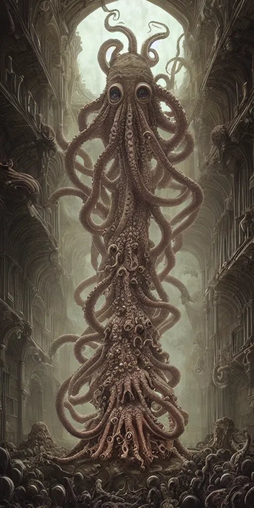 Image similar to group of mankind species mages with big octopus heads and a lot of translucent jellyfishes floating around inside an ancient mage castle hall colossal scale, gothic and baroque, brutalist architecture, ultradetailed, Intricate by Ellen Jewett and Josan Gonzalez and Giuseppe Arcimboldo