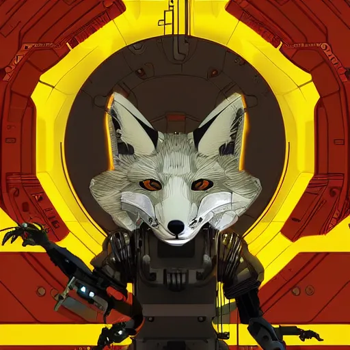 Image similar to a mechanical fox, hydraulic joints, yellow and white construct, stylised cyberpunk, digital fantasy art