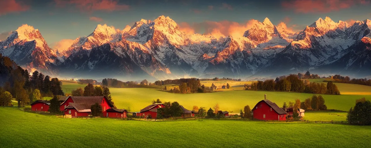 Prompt: of a scenic photo of a beautiful farm with the alps in the background, by marc adamus