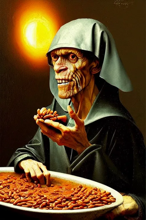 Image similar to hieronymus bosch, greg rutkowski, anna podedworna, painting of willem dafoe eating baked beans and eggs