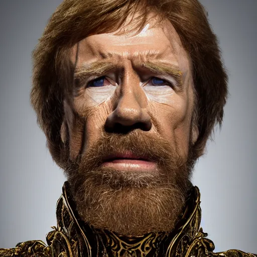 Image similar to 8 5 mm f 1. 8 photograph of chuck norris wearing an ornate costume by iris van herpen, highly detailed, digital painting, artstation, smooth, sharp foccus, commercial photography, fashion shoot