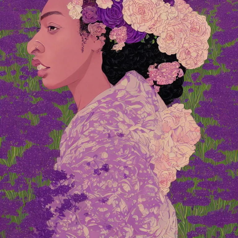 Prompt: gorgeous portrait of a black woman with lavender and rose florals by victo ngai, hyper detailed painting, distance, centered, hd, hq, high resolution, high detail, 4 k, 8 k