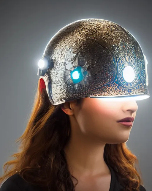 Prompt: centered medium shot fine studio photograph of a beautiful persian girl wearing a persian solarpunk electronic helmet with led lights, ultra-realistic, white background, 8k HDR morning light, intricate detail