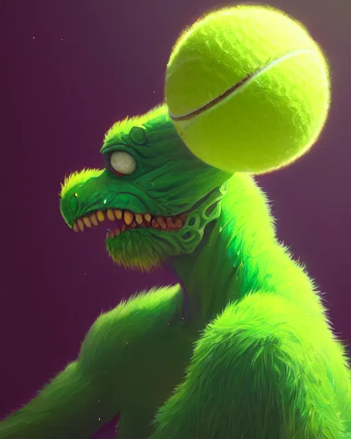 Image similar to highly detailed vfx portrait of a character of a tennis ball monster stephen bliss, unrealengine, greg rutkowski, loish, rhads, beeple, makoto shinkai and lois van baarle, ilya kuvshinov, rossdraws, tom bagshaw,