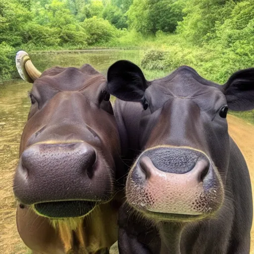 Image similar to selfie stick photo of a cow and its hippopotamus best friend. photograph. nature photography. high quality.