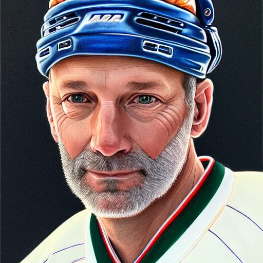 Image similar to beautiful portrait of hockey coach Clint Malarchuk, fantasy, intricate, elegant, highly detailed, digital painting, artstation, concept art, smooth, sharp focus, luxury fashion illustration, art by artgerm and greg rutkowski and alphonse mucha, brightly lit cinematic soft lighting, photorealistic