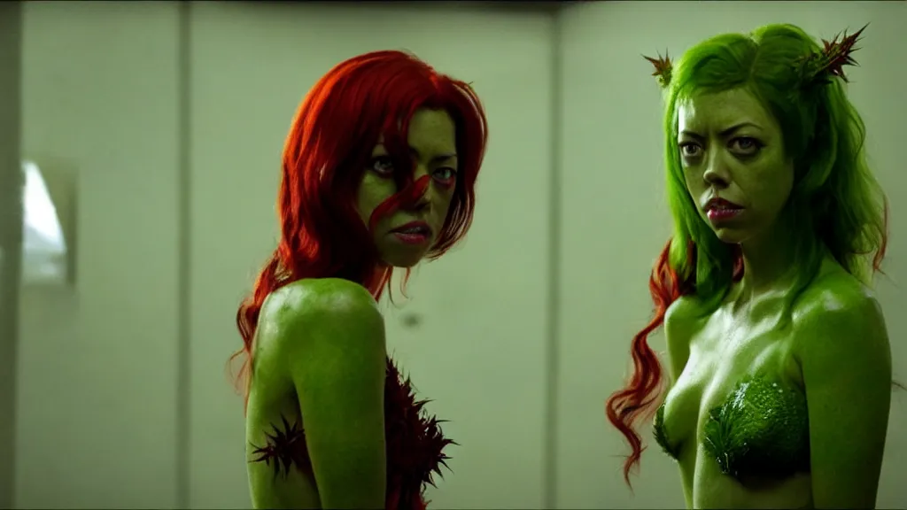 Prompt: Aubrey Plaza as Poison Ivy in The Dark Knight, only her in the shot, green skin film still from the movie, wide lens