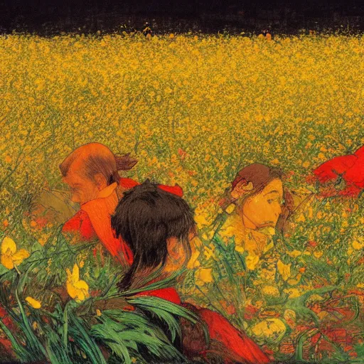 Prompt: 3 people in red desert drowning in a sea of yellow flowers, highly detailed, intricate, surreal, painting by Franz Marc, part by Yoji Shinkawa, part by Norman Rockwell, artstation