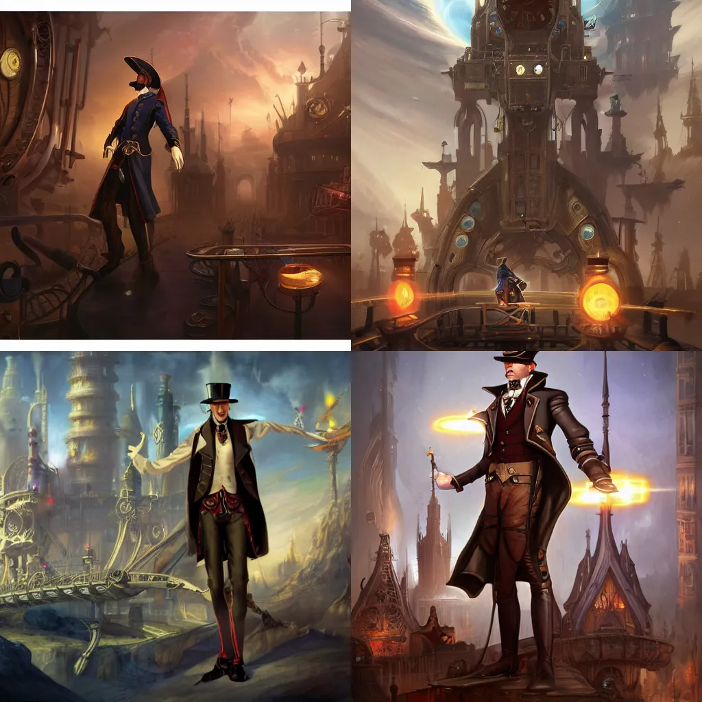 Prompt: a poster of a noble slender male in hat in the center, posing with crossed arms, steampunk spaceship on background, by tyler edlin and lindsey look, victorian, concept art, steam romance, adventure, detailed, 4k resolution, trending on artstation