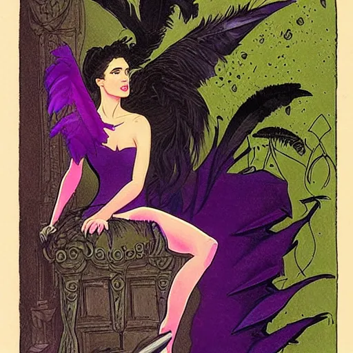 Image similar to young jennifer connelly as odile, gothic dark fae disney villain with black feathers instead of hair, wearing black and purple jumpsuit, zero g, reading a book, feathers growing out of skin, pulp sci fi, mike mignola, david mack, romantic, comic book cover, vivid, beautiful, illustration, highly detailed, oil painting