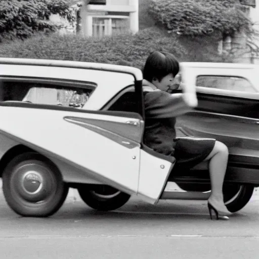 Image similar to 1960s press archive of the actress Choi Eun-Hee and director Shin Sang-ok coming out of a car, faces obscured, Reuters, 35mm film, film grain, mysterious exterior, underexposed