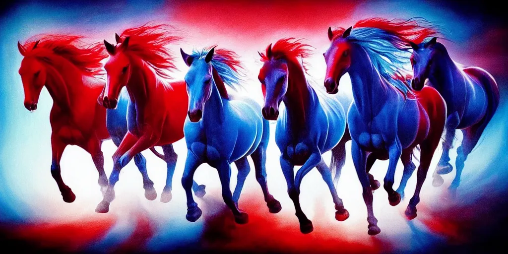 Image similar to blue inside out horses galloping with cowboys riding, too many hands in all directions, too many teeth, too many eyes, in hoc signo vinces, waterfall, in the style of gottfried helnwein, high contrast chiaroscuro, intricate composition, blue light, insanely quality, highly detailed, masterpiece, red light, artstation