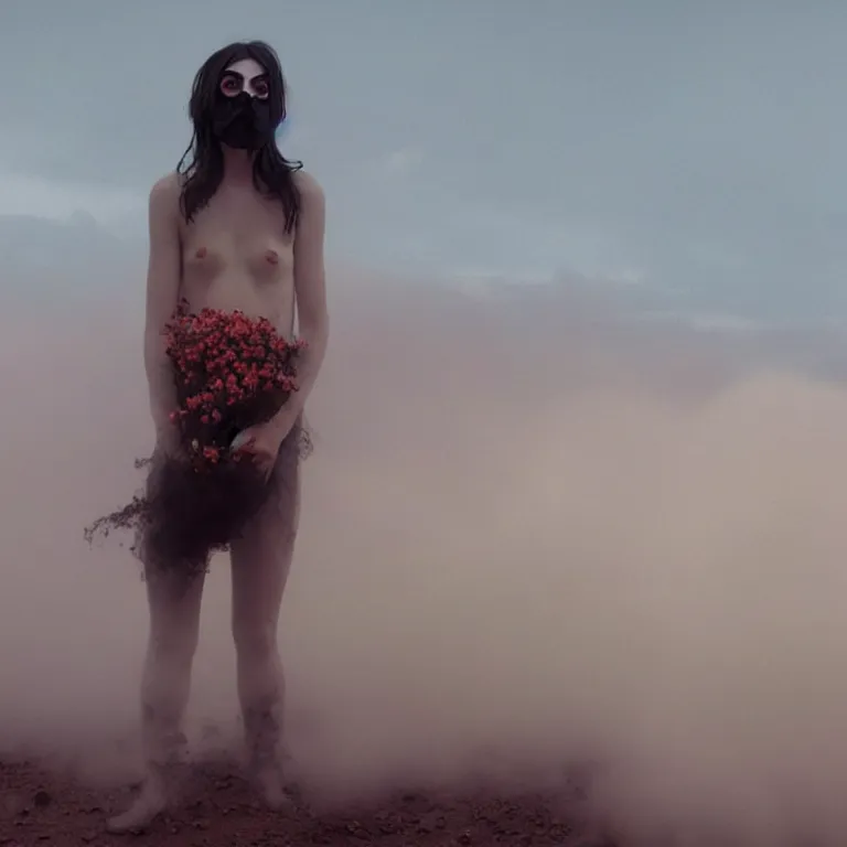 Image similar to The full body shot of beautiful pale woman with many flowers and full-face black mask inside a thick cloud black smoke in rocky desert landscape, glowing eyes, falling star on the horizon by Christopher Doyle, Gaspar Noe, Alejandro Jodorowsky, anamorphic lens, cinematic composition, award winning photo, 8k