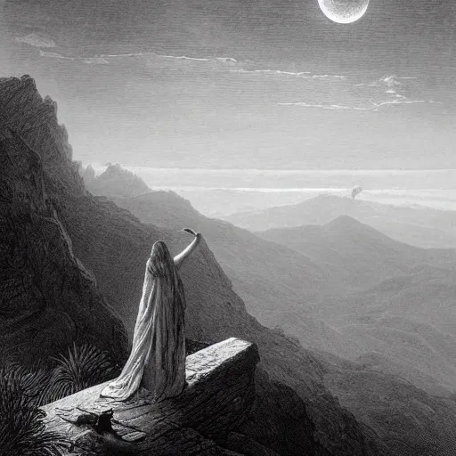 Image similar to A female wanderer looks from a mountaintop, mountains, gorgeous view, velly distant forest, distant city, distant glow, night, moon, dramatic light, Chiaroscuro, long shadows, dark, masterpiece, high detail, detailed, illustration by Paul Gustave Doré