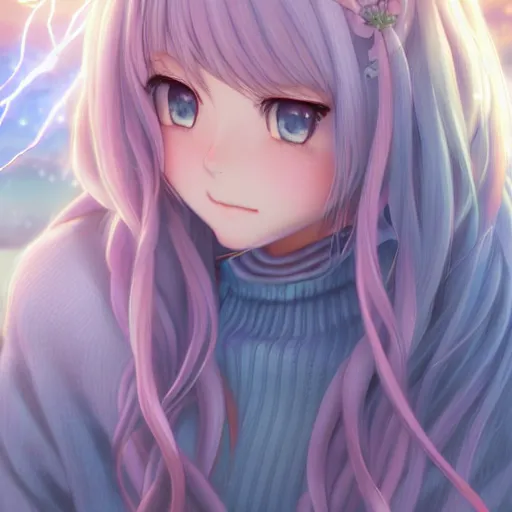 Prompt: closeup portrait of a very beautiful anime girl, pastel art, macro, long braided curly silver hair, sky blue eyes, full round face, short smile, casual clothes, winter setting, cinematic lightning, medium shot, mid-shot, highly detailed, trending on Artstation, Unreal Engine 4k, cinematic wallpaper by Stanley Artgerm Lau, WLOP, Rossdraws, James Jean, Andrei Riabovitchev, Marc Simonetti, and Sakimichan