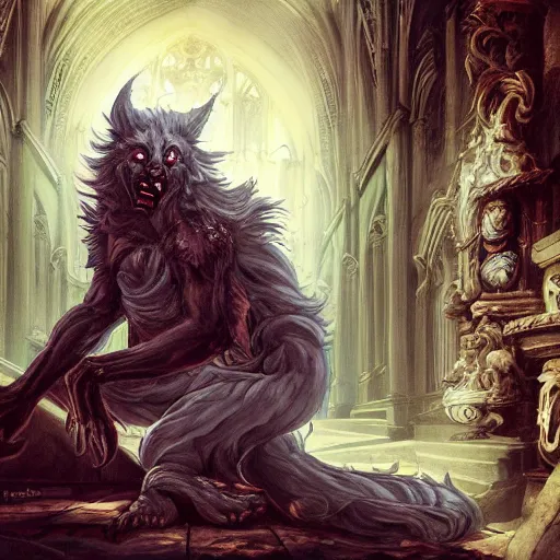 Prompt: A epic and beautiful rococo painting of a werewolf cursed inside a cathedral. Castlevania style. ultra-detailed. Anime, pixiv, UHD 8K CryEngine, octane render