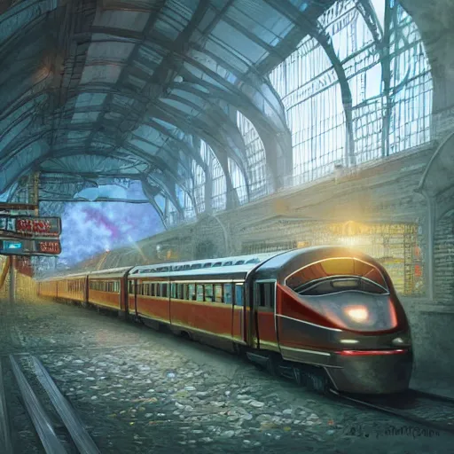 Prompt: a train entering a train station, fantasy, hd, volumetric lighting, 4 k, intricate detail, by jesper ejsing, irakli nadar